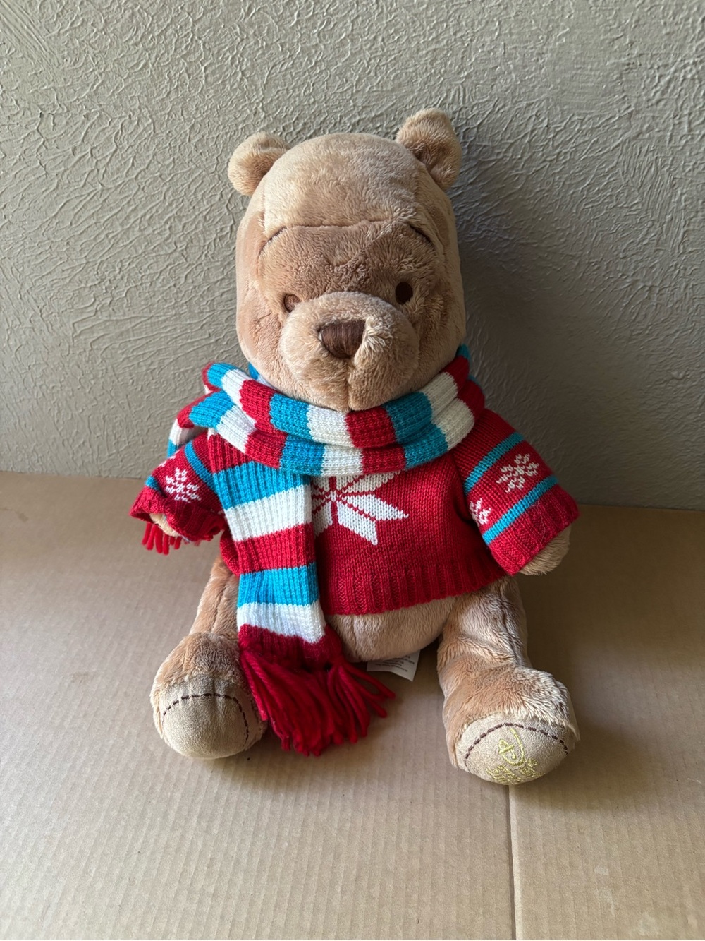 Disney Winnie the Pooh Plush Teddy Bear in Tan with Red & Blue Holiday Sweater